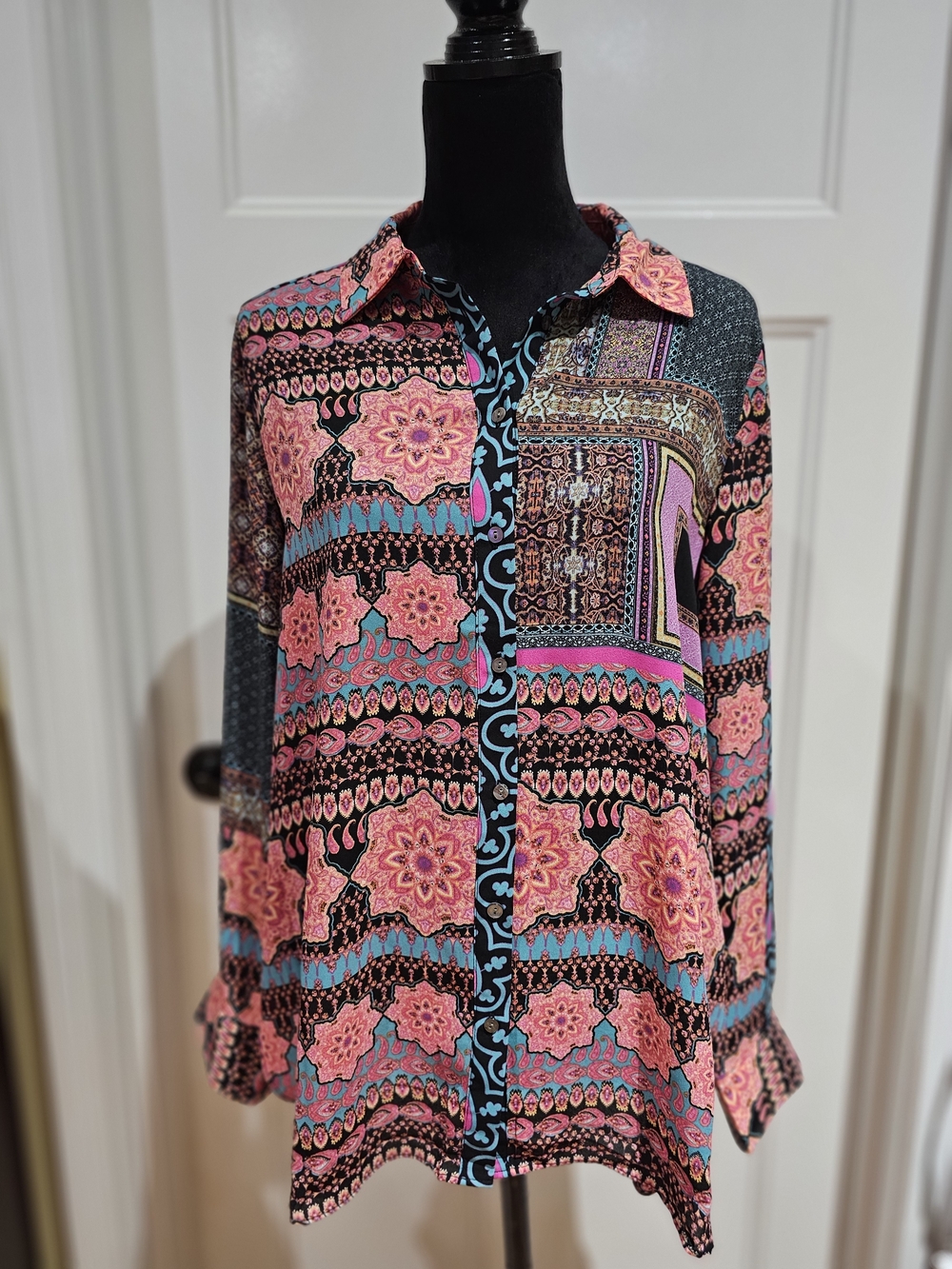 Rose & Olive Pink Multi-Print Button-Down Shirt/Tunic